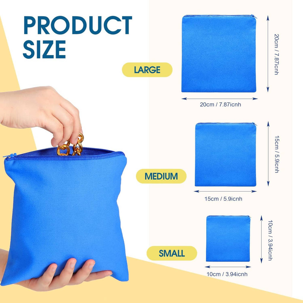 Blue zipper jewelry storage pouch, shown in small, medium, and large sizes