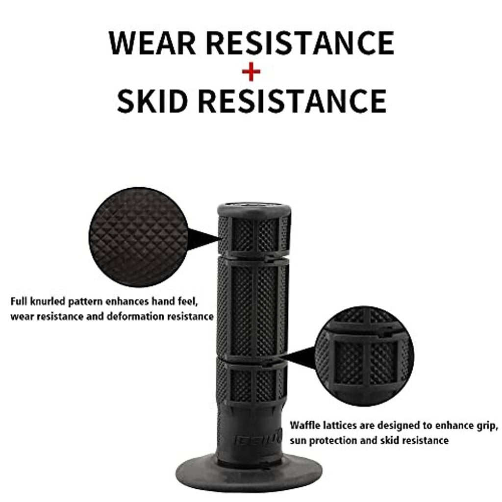 Black motorcycle hand grips with knurled texture and raised waffle-pattern blocks