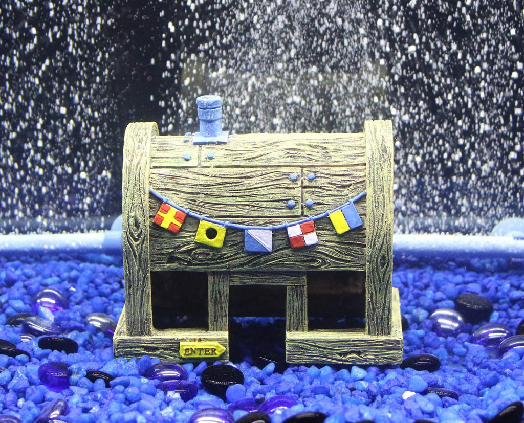 Wooden-look aquarium ornament with arched windows and colorful bunting garland