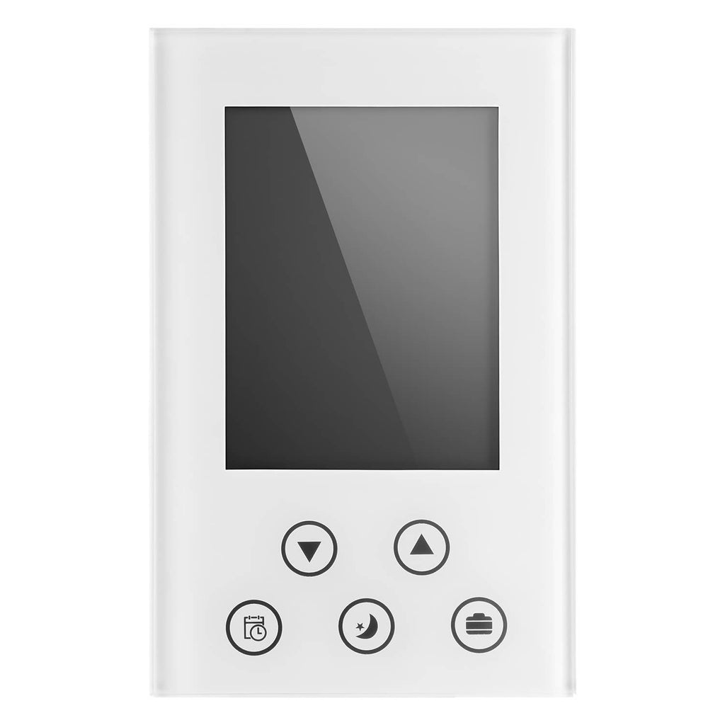 White programmable 7-day thermostat with dark display and control icons