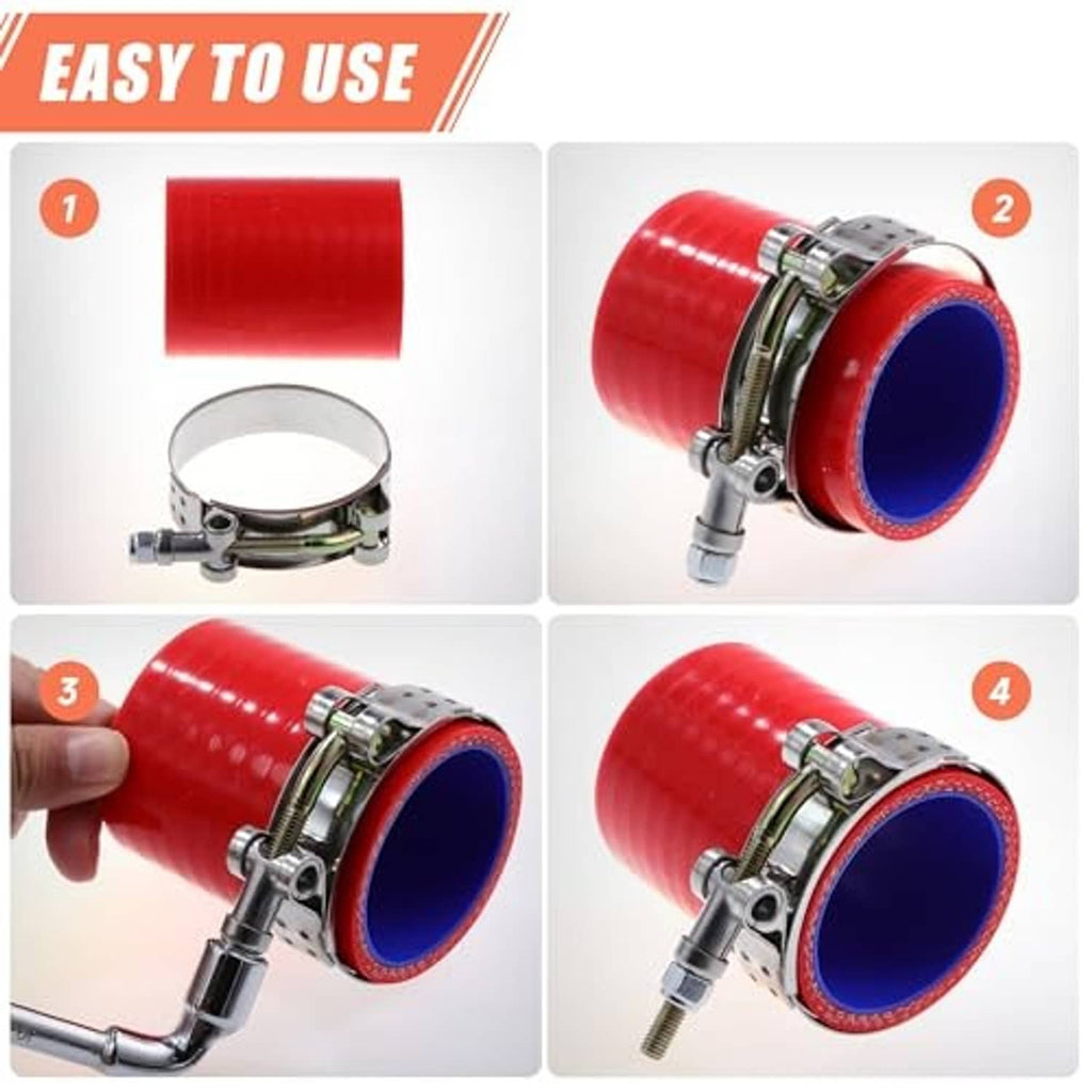 T-bolt hose clamp installation steps on red hose and fitting