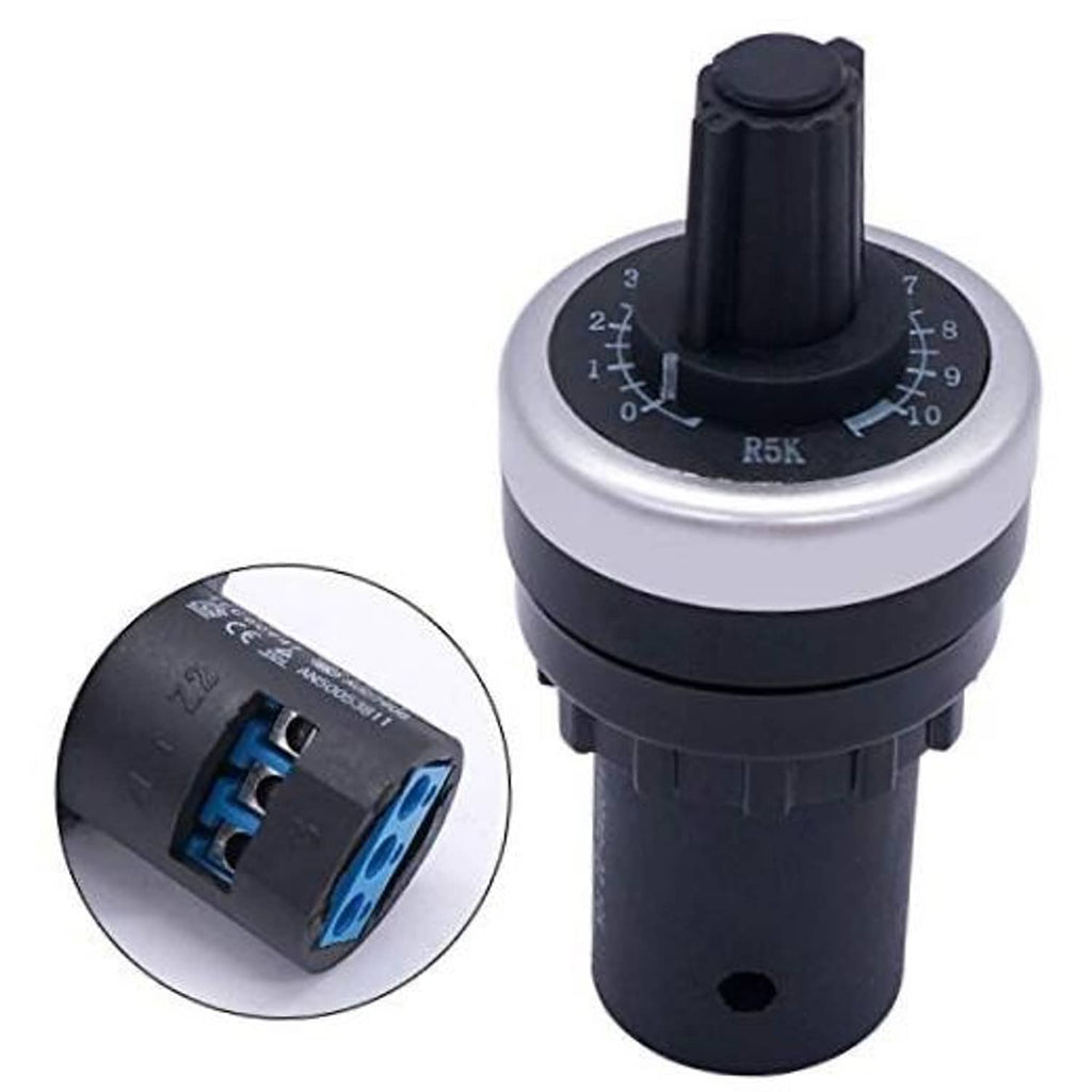 Rotary 5K ohm potentiometer with 22mm black knob and silver ring