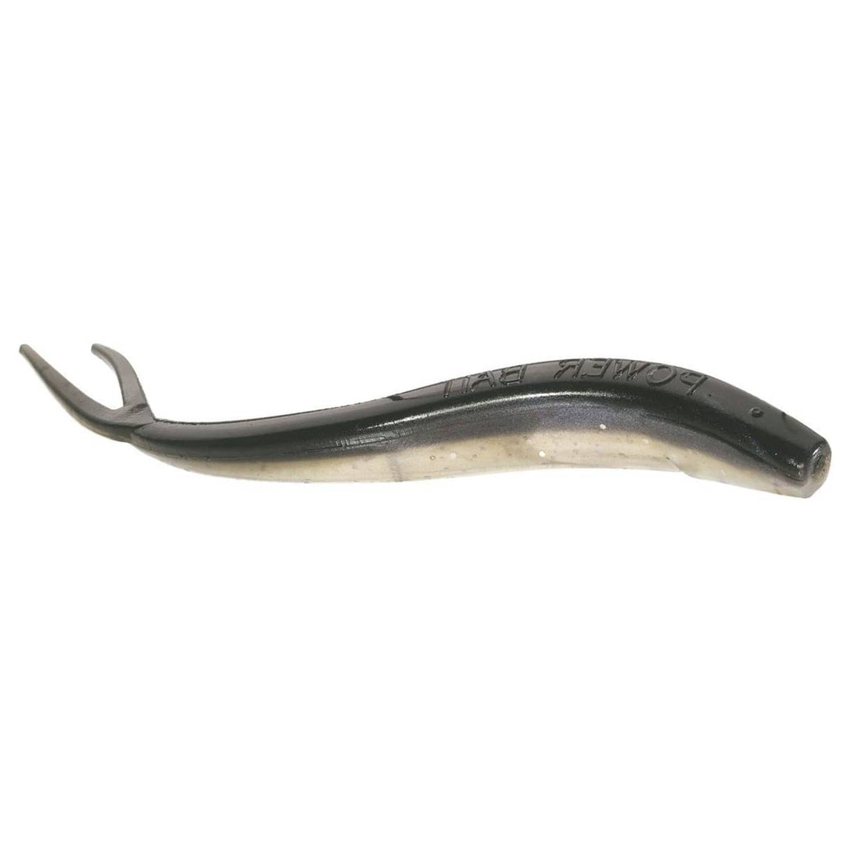 Shad-style soft plastic fishing lure with forked tail, dark back, light belly, speckles