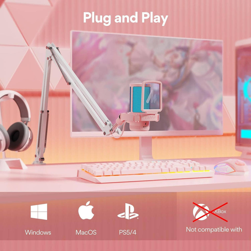 Pink USB gaming microphone with boom arm stand for plug-and-play setup
