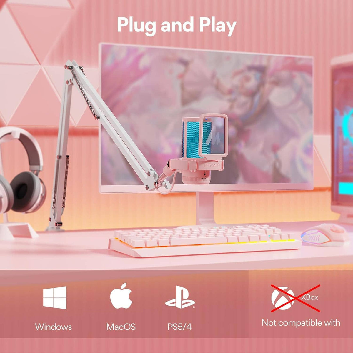 Pink USB gaming microphone with boom arm stand for plug-and-play setup