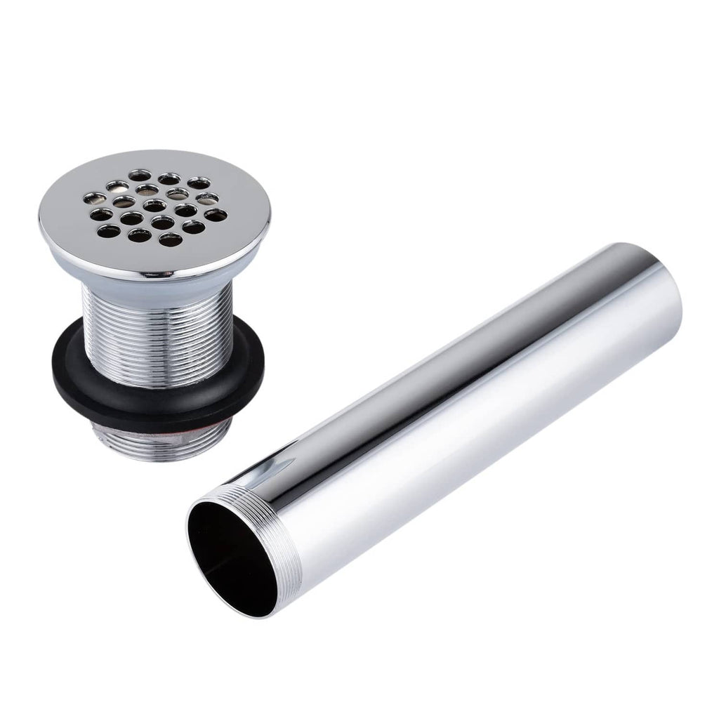 Chrome grid drain strainer with round top, black gasket ring, and open outlet pipe