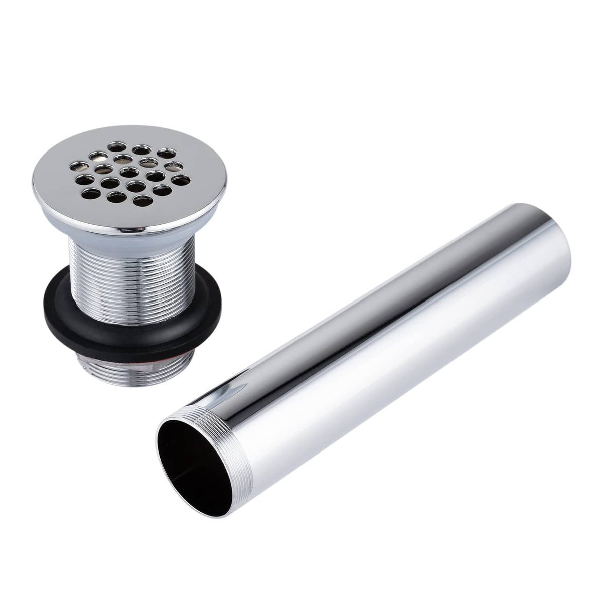 Chrome grid drain strainer with round top, black gasket ring, and open outlet pipe