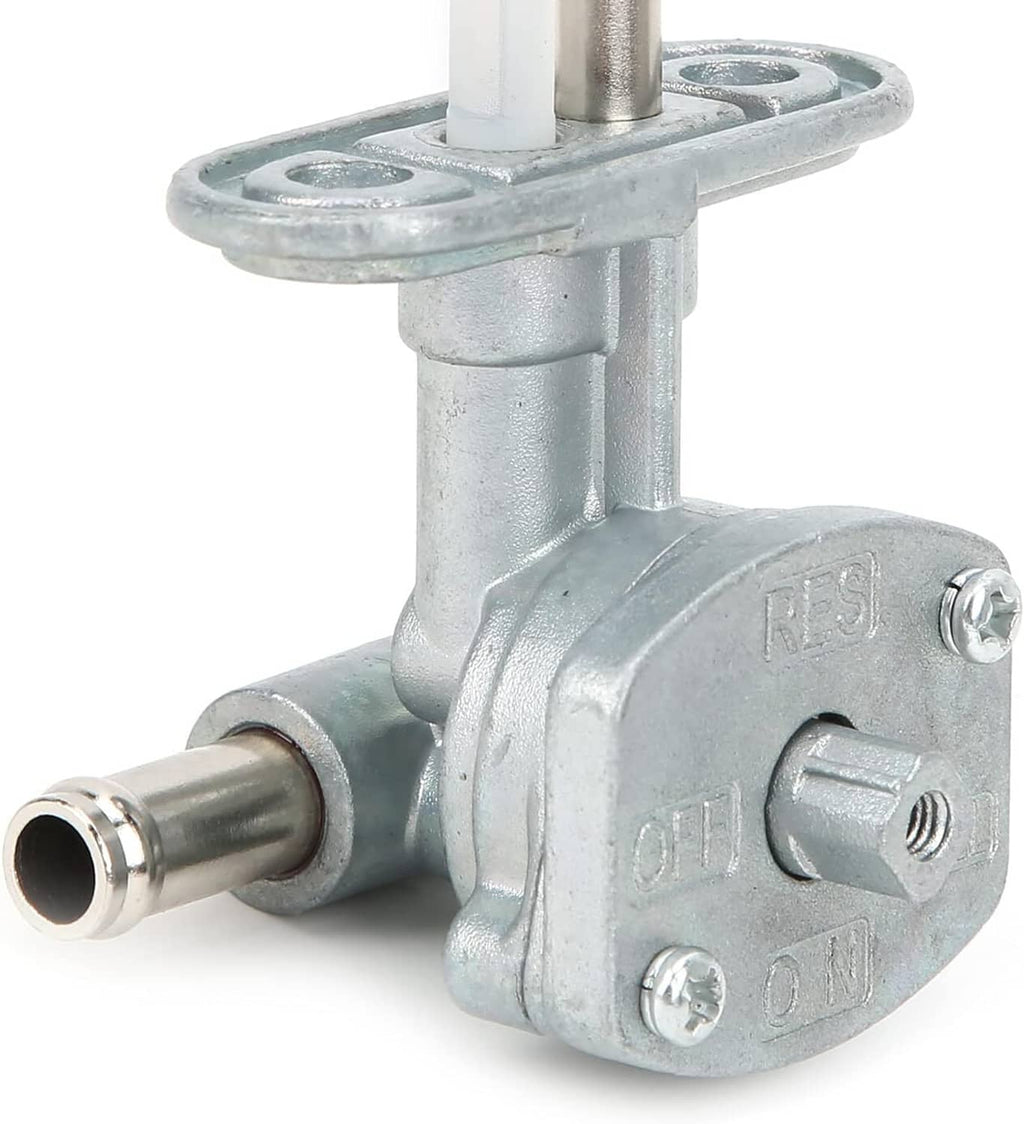 Fuel petcock valve with cylindrical outlet and lever stem on galvanized metal body