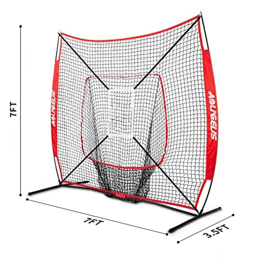 Baseball practice net with strike zone target, red frame, and size measurements diagram