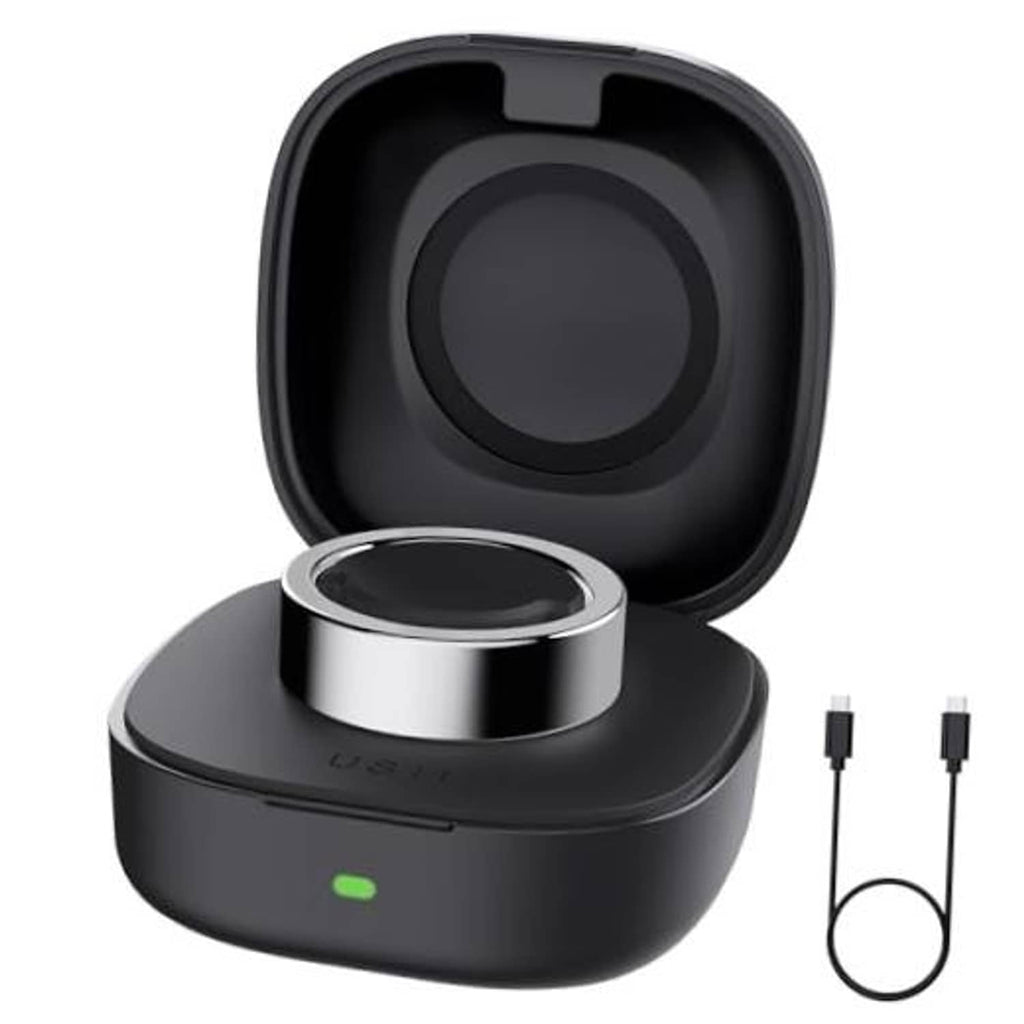 Black wireless smart ring charger case with metallic ring dock and charging cable