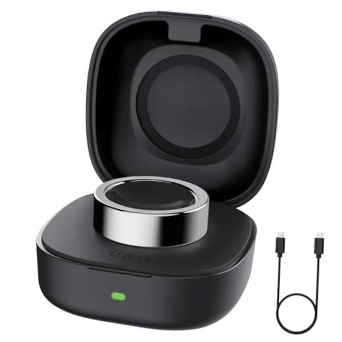 Black wireless smart ring charger case with metallic ring dock and charging cable