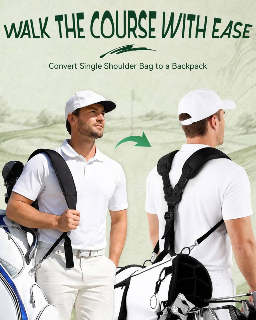 Black adjustable double shoulder golf bag strap worn on a person, cross-back harness