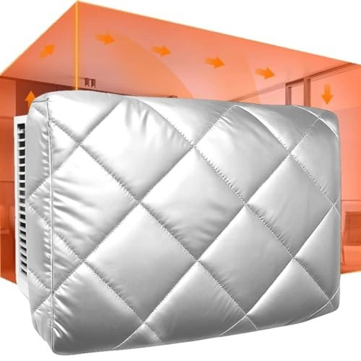 Quilted silver padded air conditioner window cover with diamond stitching