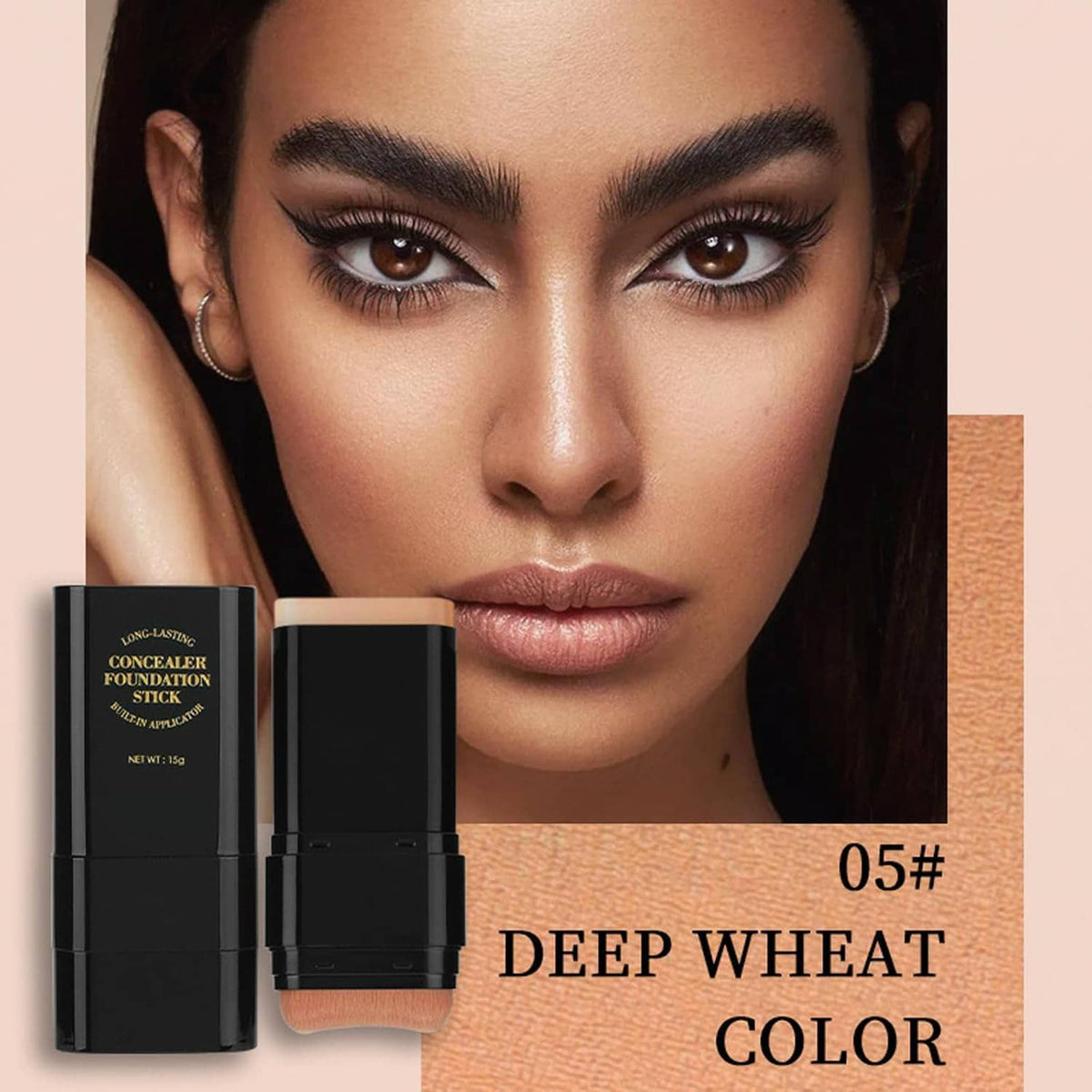 Concealer foundation stick and applicator brush next to face with makeup coverage