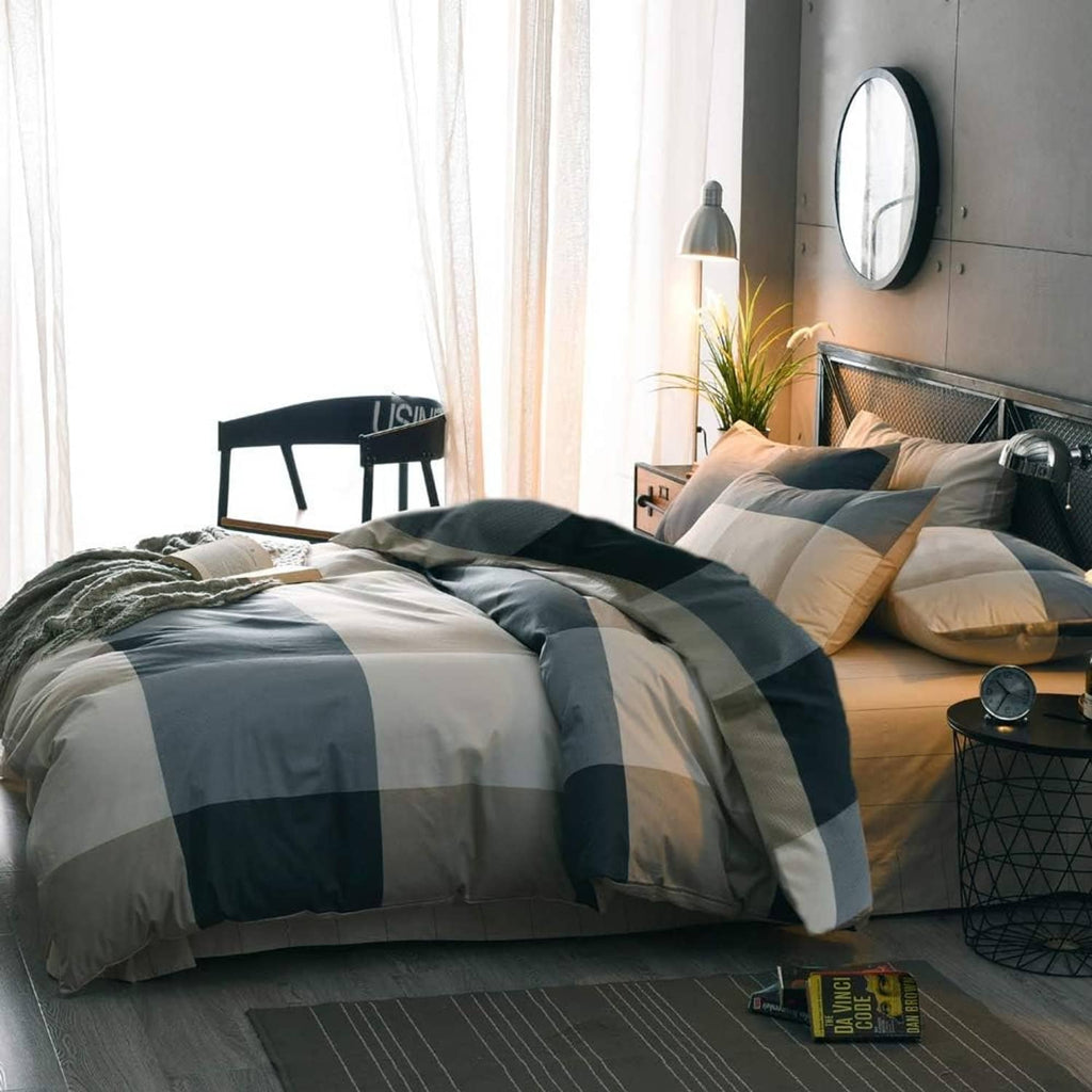 Comforter set with navy and white checkered bedding and matching pillow shams