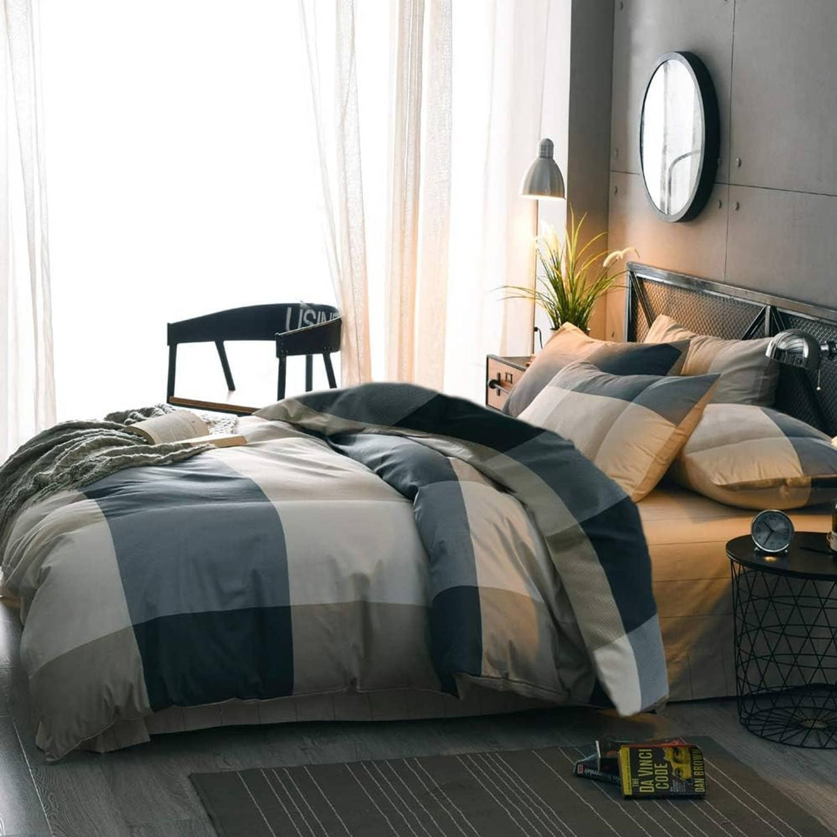 Comforter set with navy and white checkered bedding and matching pillow shams