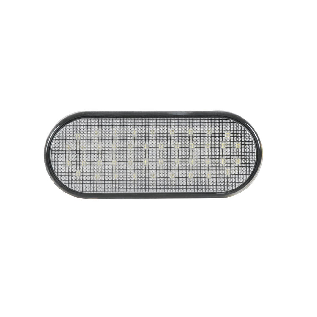 Oval LED light housing with clear lens panel and black outer border trim