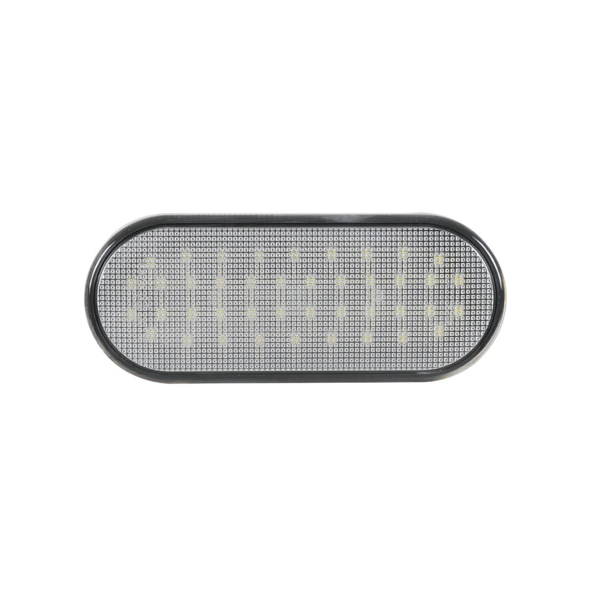 Oval LED light housing with clear lens panel and black outer border trim