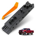 Black driver-side power seat adjustment switch with orange lever and multi-button array