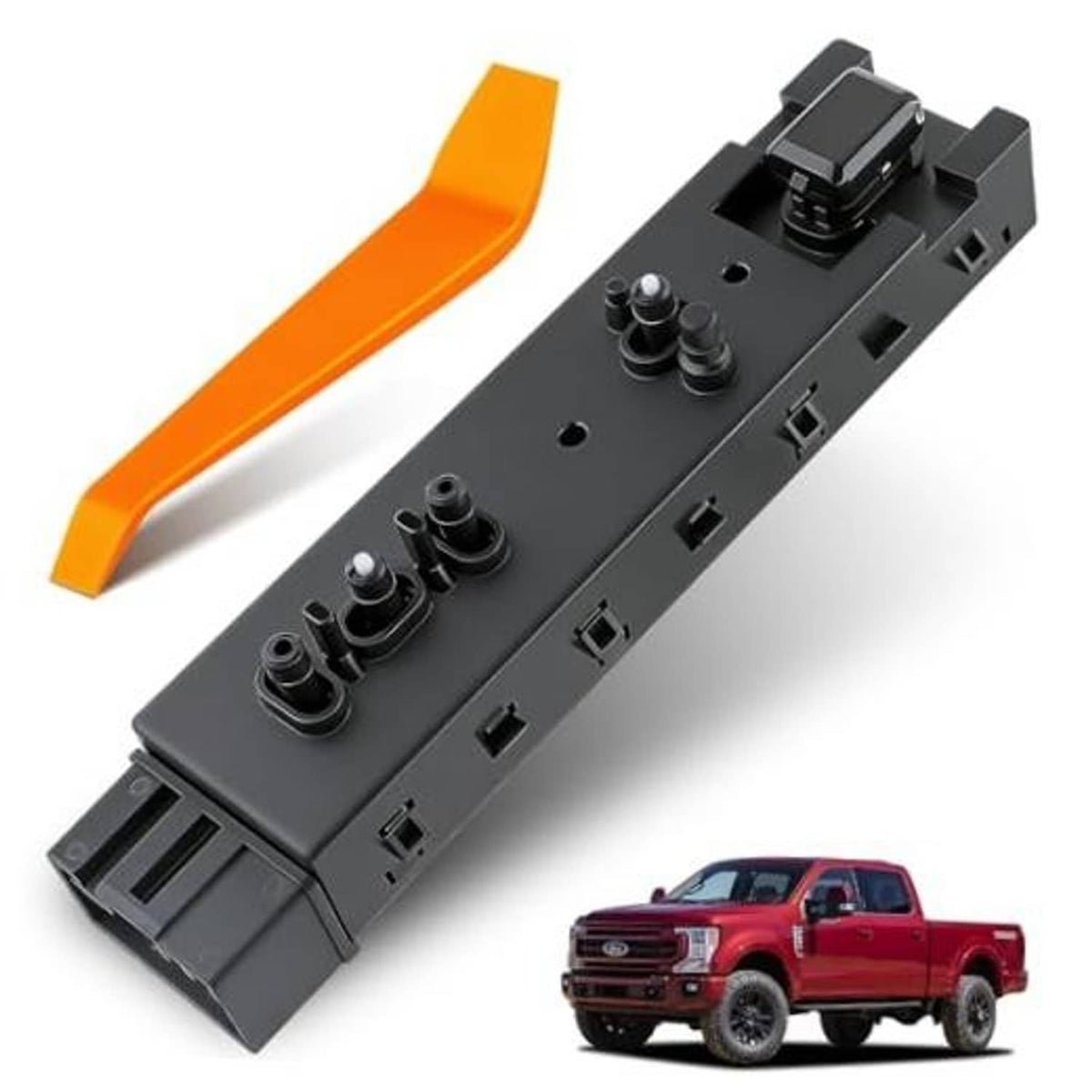 Black driver-side power seat adjustment switch with orange lever and multi-button array