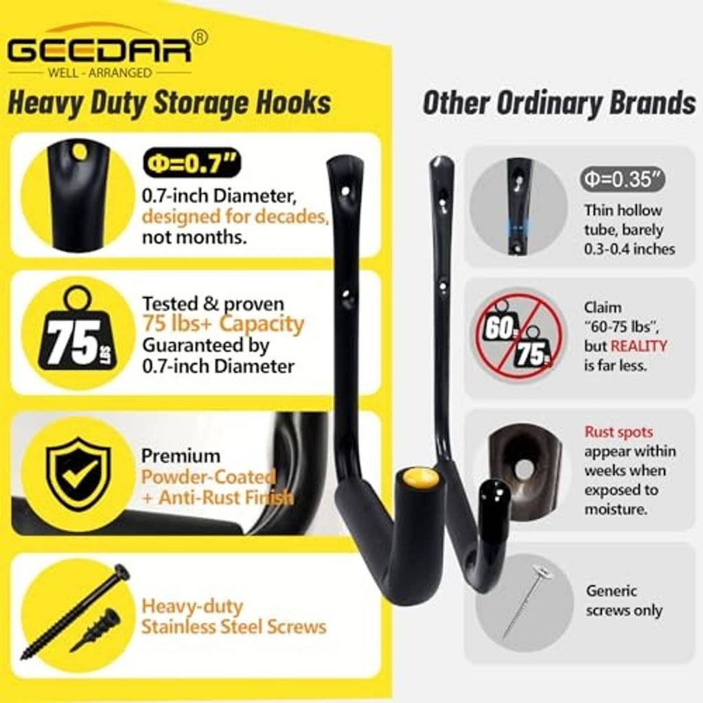 Black heavy-duty storage hooks with yellow tips and included mounting screws, boxed set