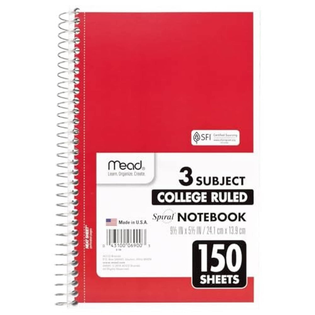Mead red 3-subject spiral notebook, college ruled, 150-sheet count, 9.5x5 size