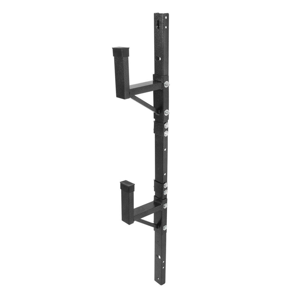 Adjustable trailer ladder rack exterior wall mount with two black step platforms and hinges