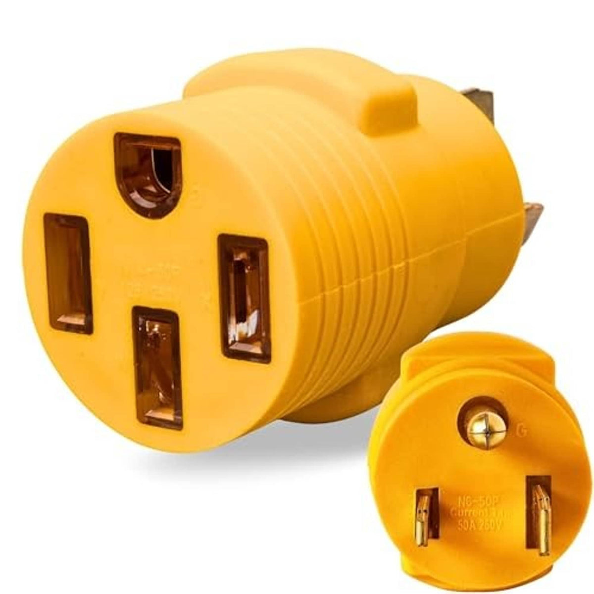 Yellow EV charger adapter plug with angled prongs and bottom outlet-face end