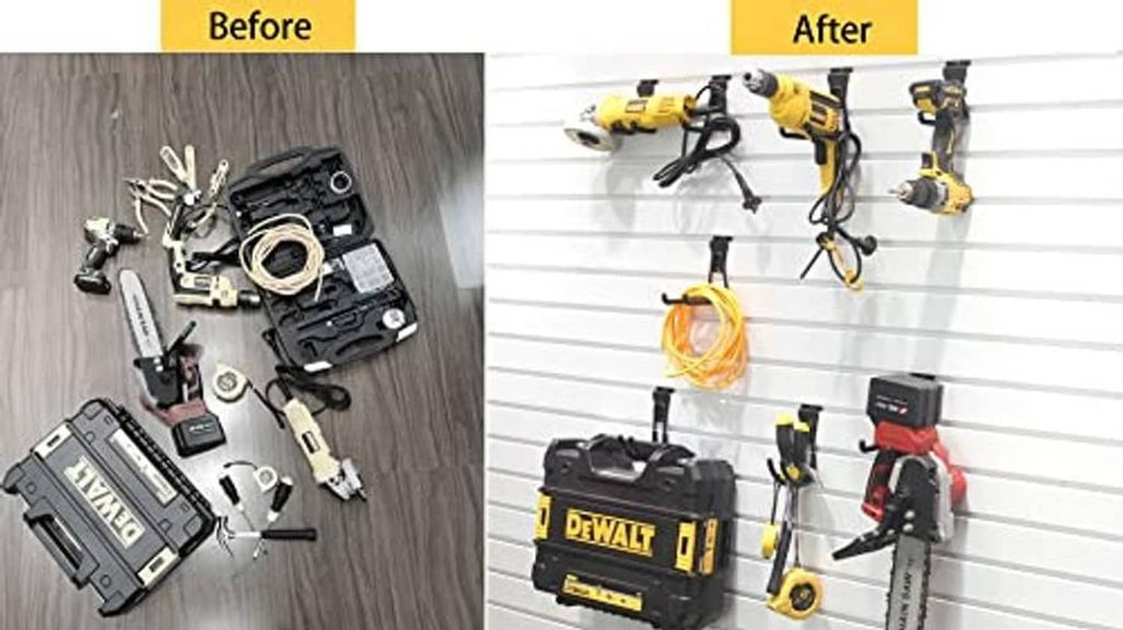 Slatwall hooks organizing tools on wall, before-and-after display