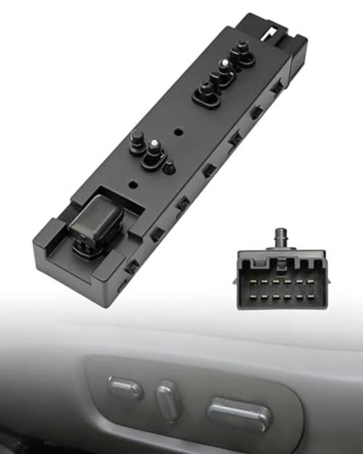 Black driver-side seat switch with 10-way connector port and control knob row