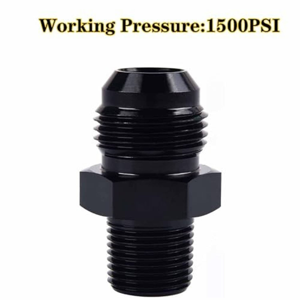 Black aluminum 3/8 NPT male flare adapter with hex fitting