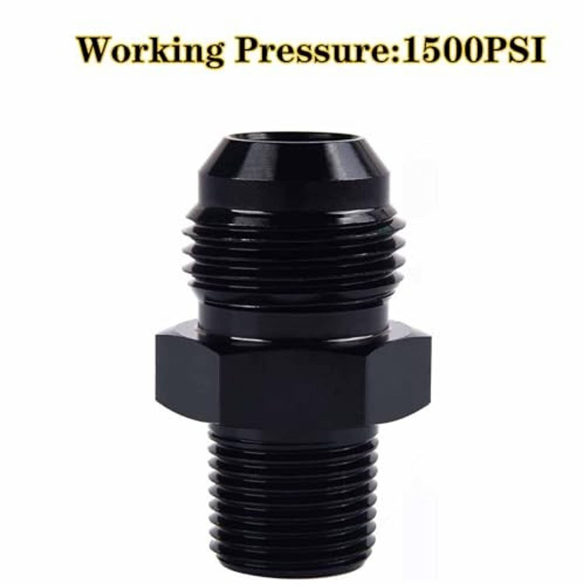 Black aluminum 3/8 NPT male flare adapter with hex fitting