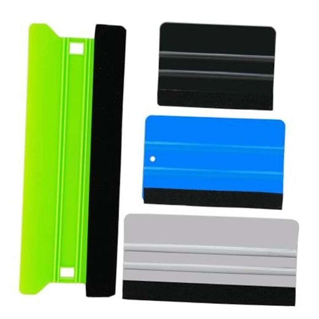 Window tint squeegee set with green, black, blue, and gray plastic blades and felt pads