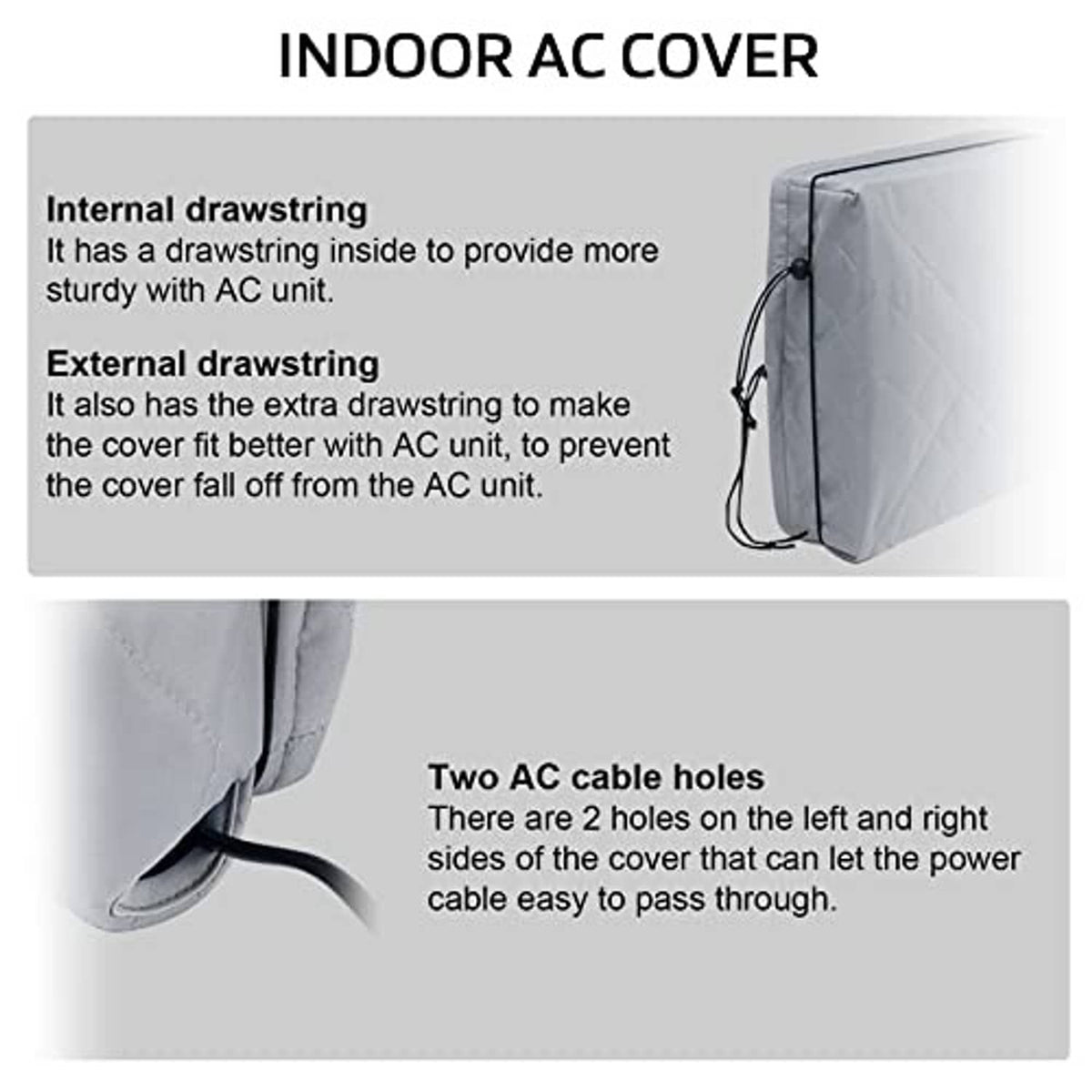 Window AC cover with interior and exterior drawstring cords and two side cable openings.