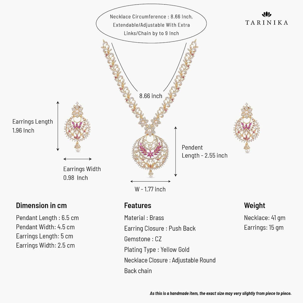 Gold-plated brass necklace set size chart showing pendant and earrings measurements
