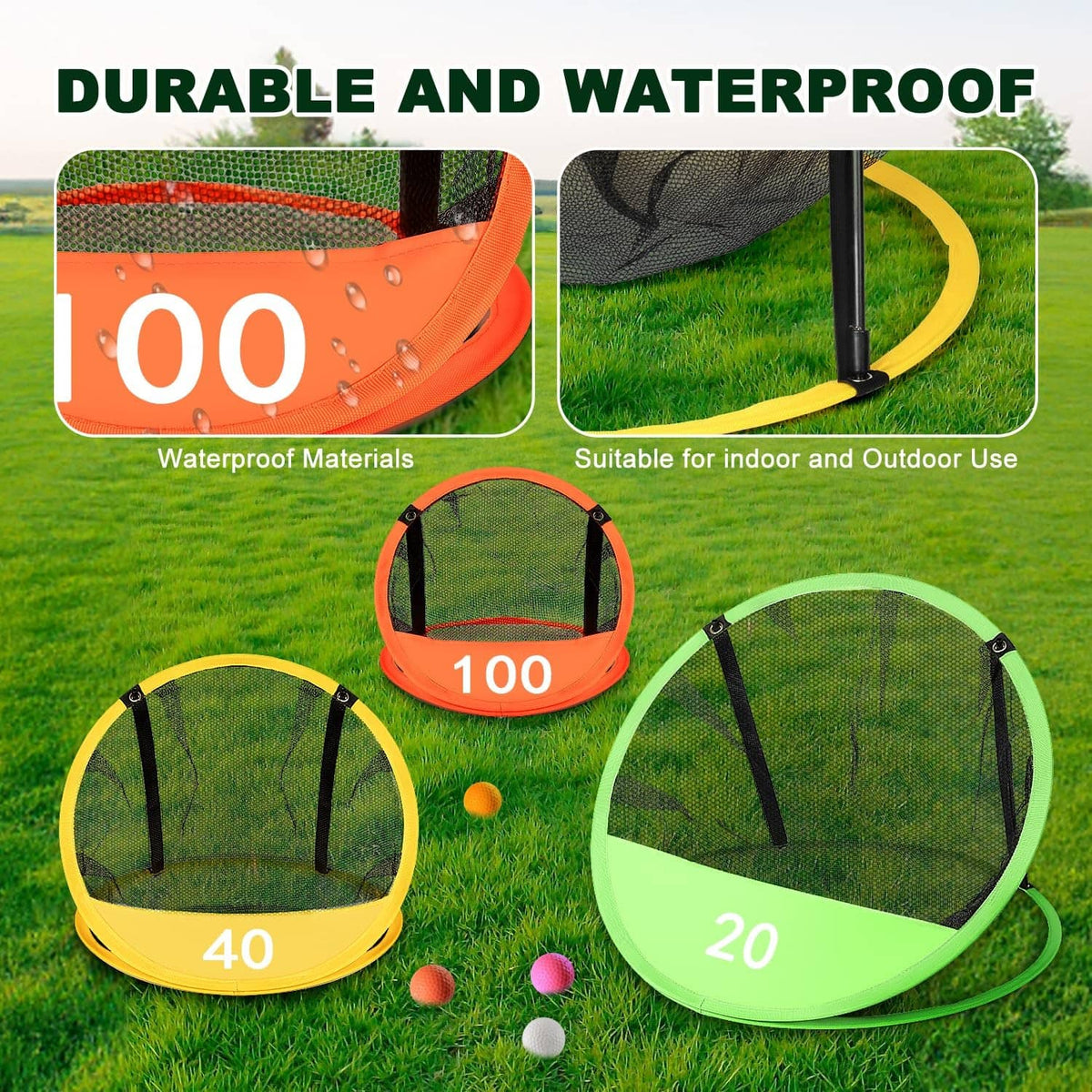 Golf chipping practice net set with orange, yellow, and green frames plus foam balls
