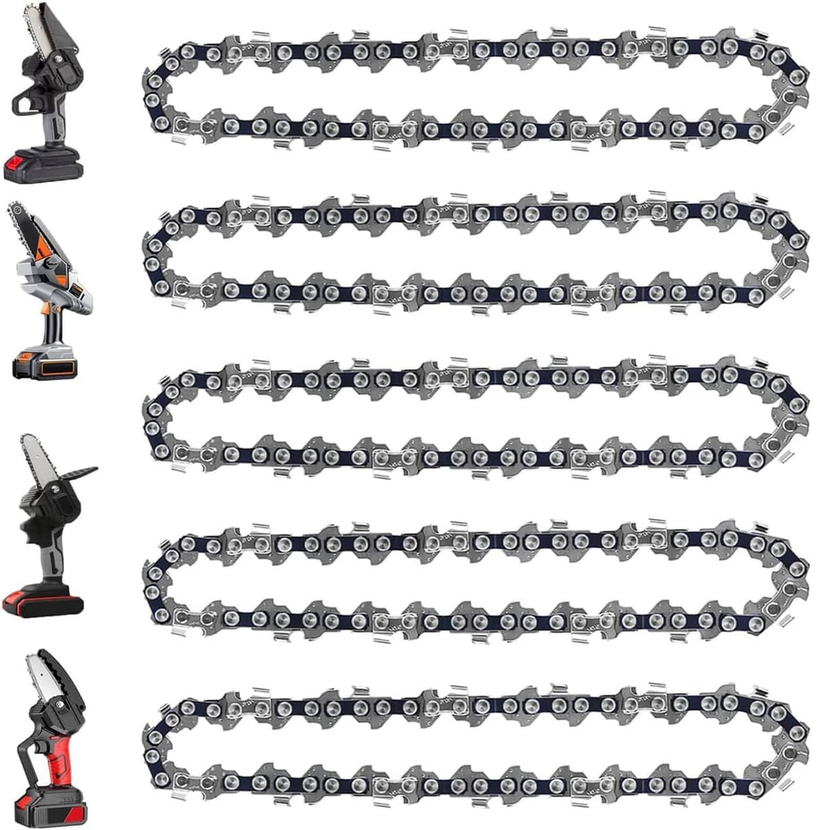 5-pack 6-inch chainsaw replacement chains, silver links with black drive links