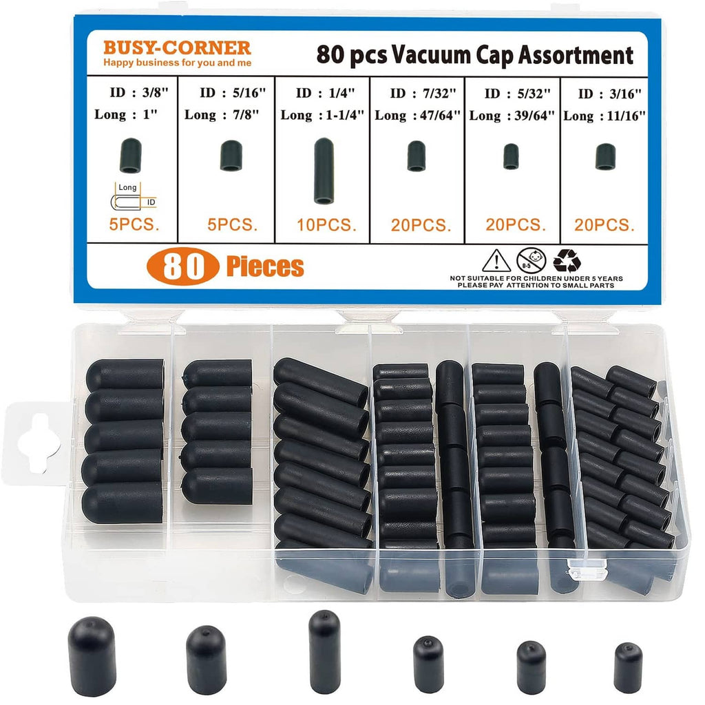 80-piece rubber vacuum cap set, black caps in a storage tray