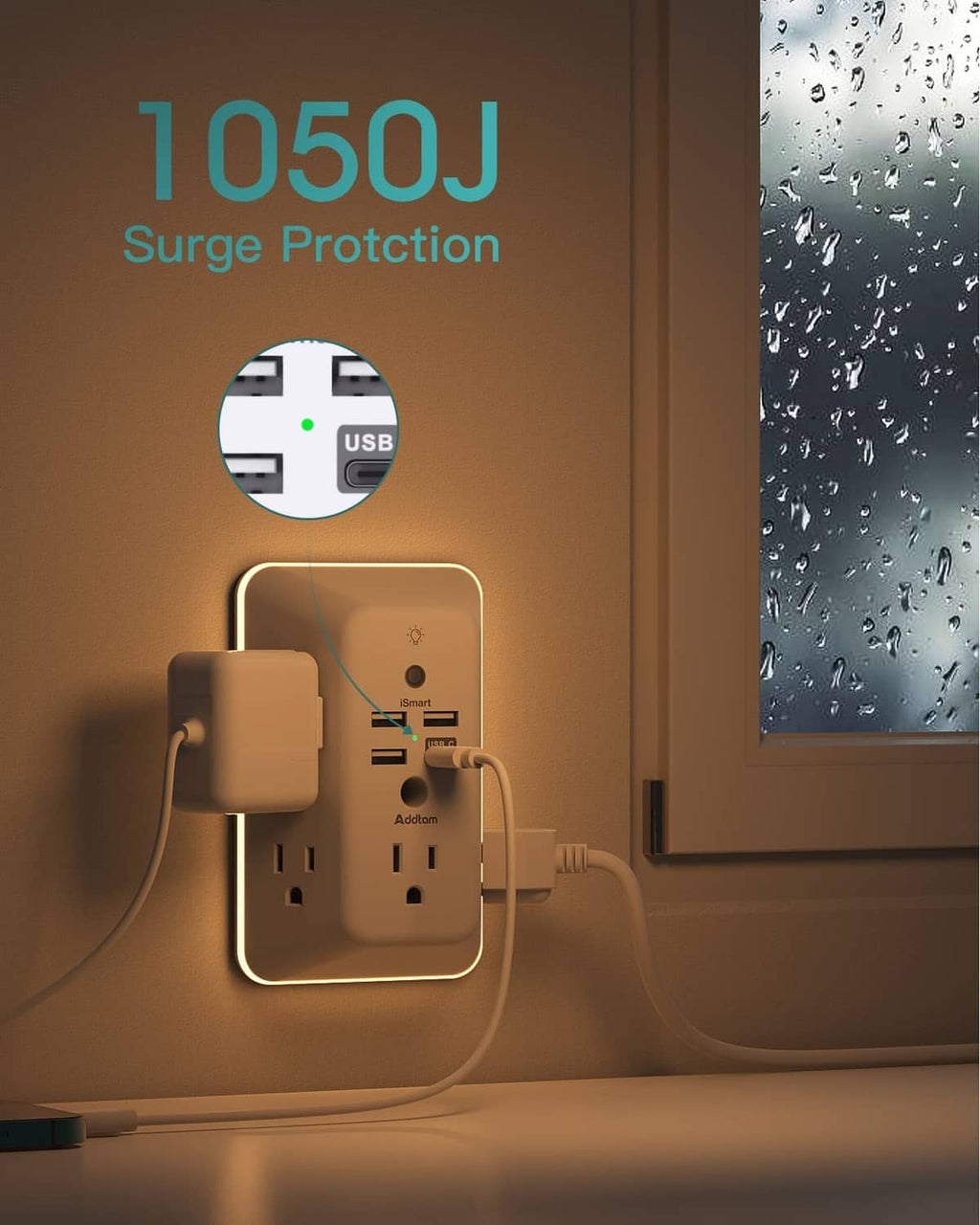 White outlet extender with 1050J surge protection and illuminated night light glow