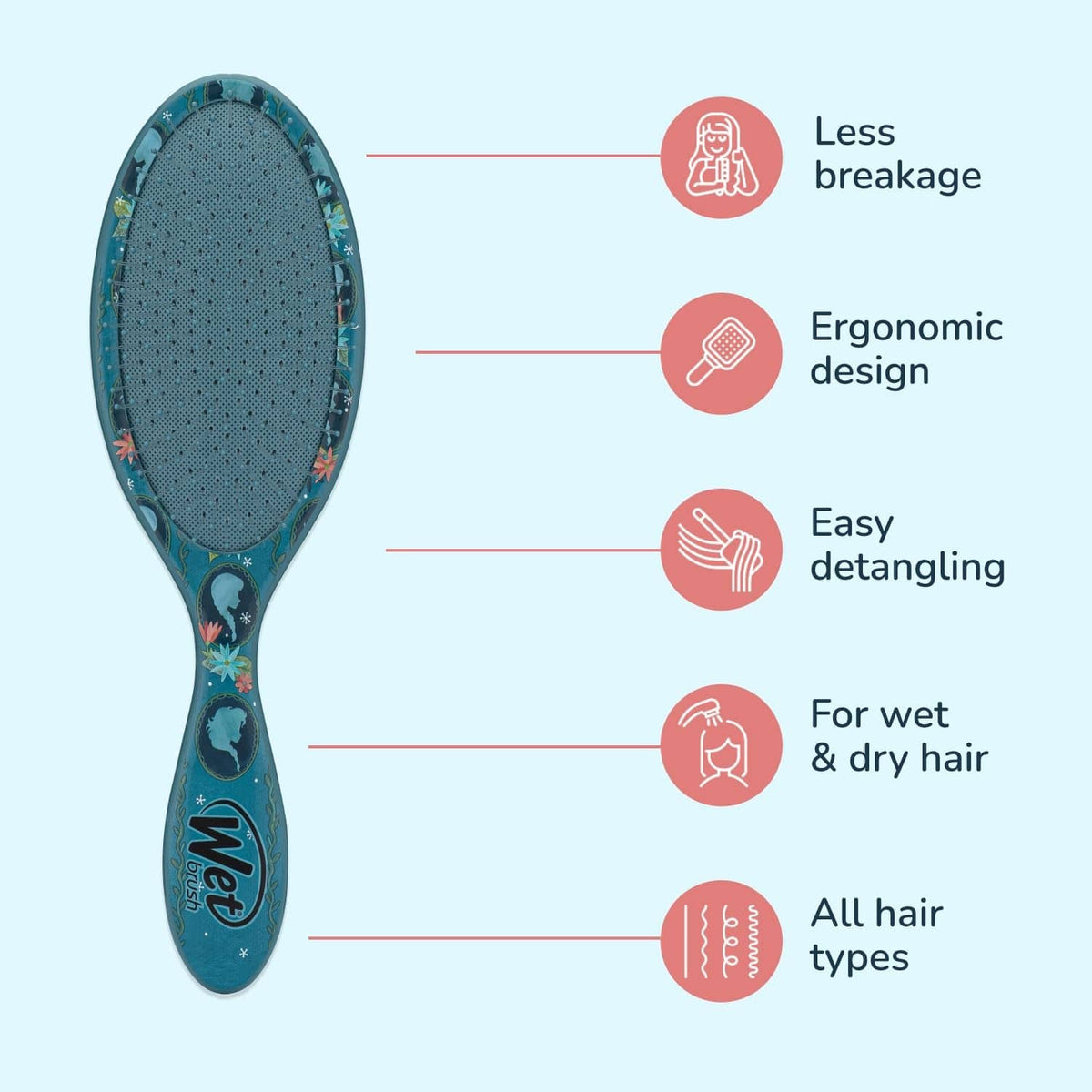 Teal detangling hair brush with textured oval bristle pad and ergonomic handle