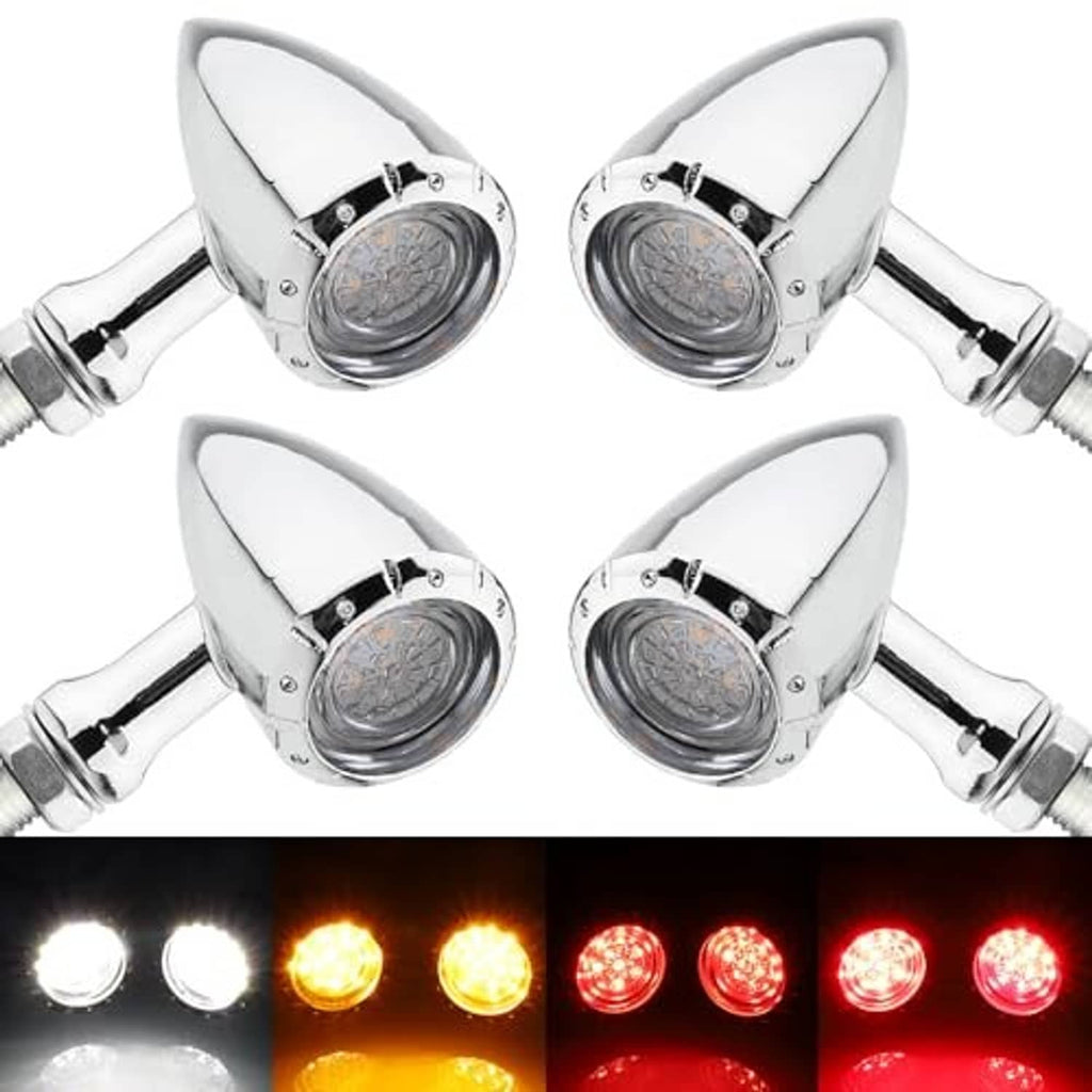 Set of four chrome motorcycle bullet LED turn signal lights, front and rear lamp style