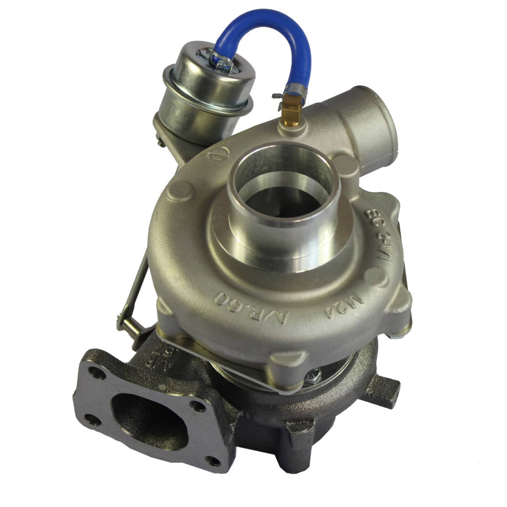 Turbocharger with blue hose and cylindrical compressor outlet housing