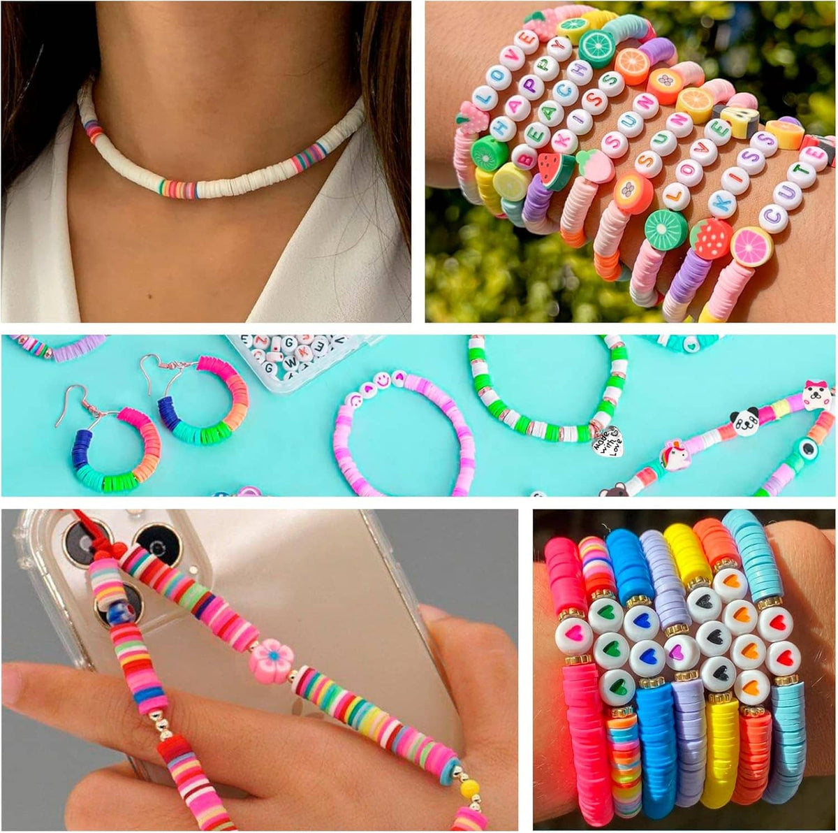 Colorful beaded necklace and bracelet strands with letter and heart charms on skin
