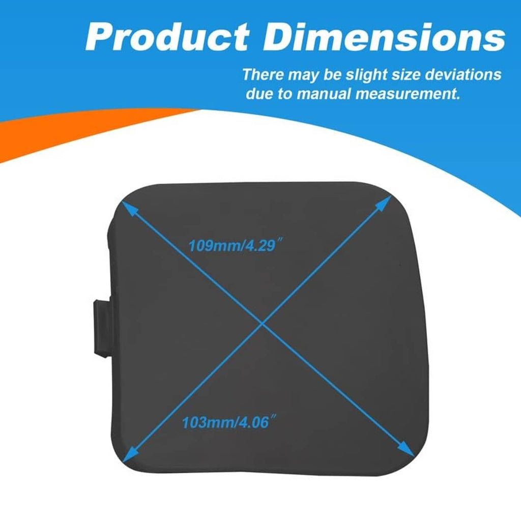 Black front bumper tow hook cover cap with product dimensions diagram