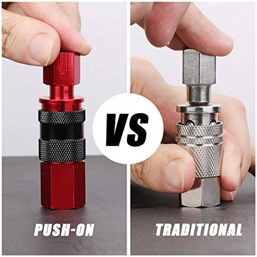 Air coupler fitting comparison with hands: push-on connector vs traditional threaded coupling