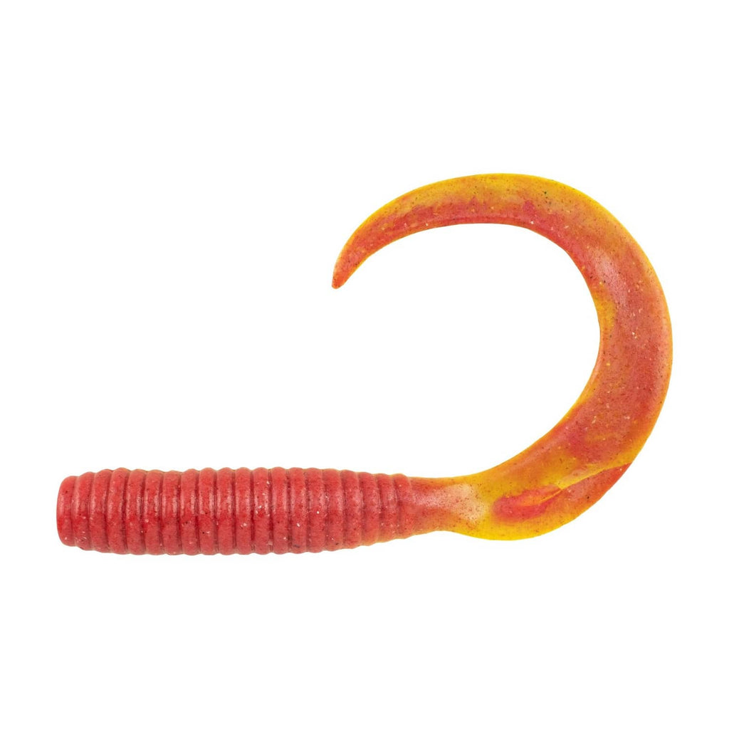 Berkley Gulp soft fishing bait, curved tail worm with red body and orange speckle