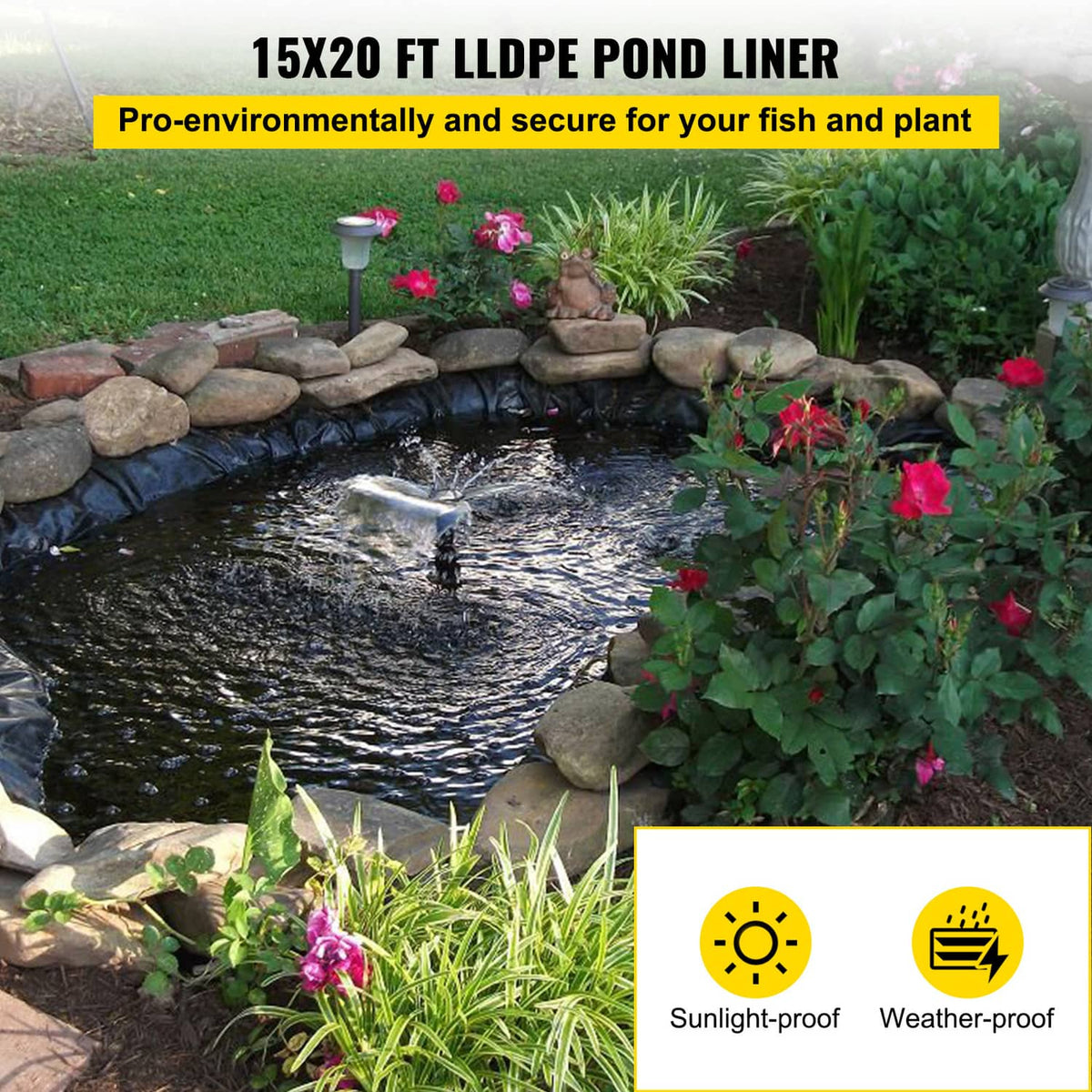Black 15x20 ft pond liner laid in a backyard pond with rocks and plants