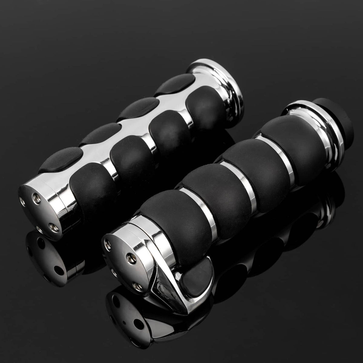 1-inch handlebar hand grips pair, black rubber pads with chrome end caps and bands
