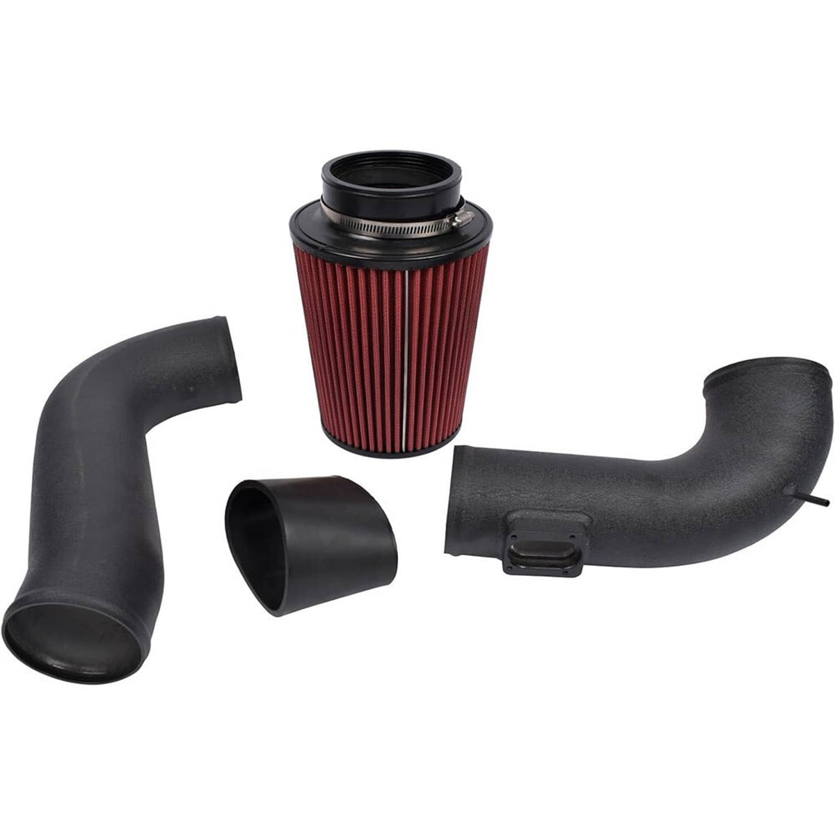 Black intake hoses with red cone air filter element and mounting fittings