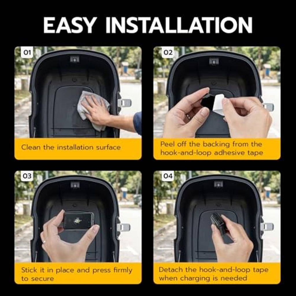 Black LED sensor light with hook-and-loop adhesive installation shown step by step